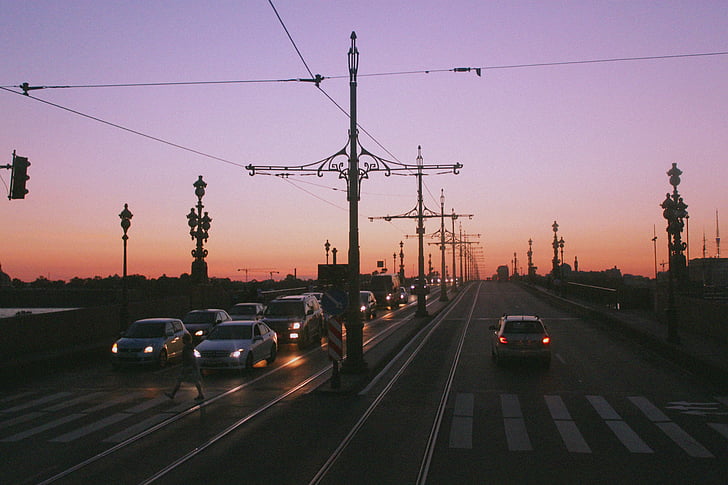 San Petersburgo Rusia, puente, noches blancas, maquinaria, calle, tráfico, coche