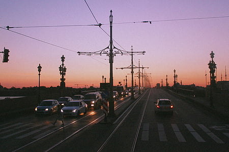 St petersburg Rússia, Pont, nits blanques, maquinària, carrer, trànsit, cotxe