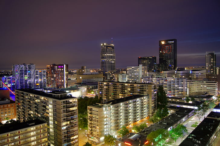 világító, magas, emelkedése, épületek, Rotterdam, utca-és városrészlet, éjszaka