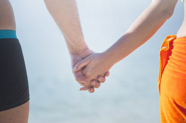 man, woman, holding, hands, sky, holding hands, couple