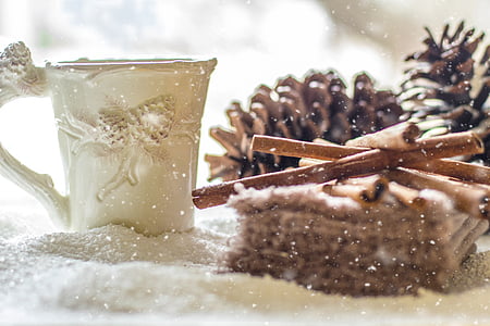 pine cones, snow, winter, coffee, tea, cinnamon, christmas