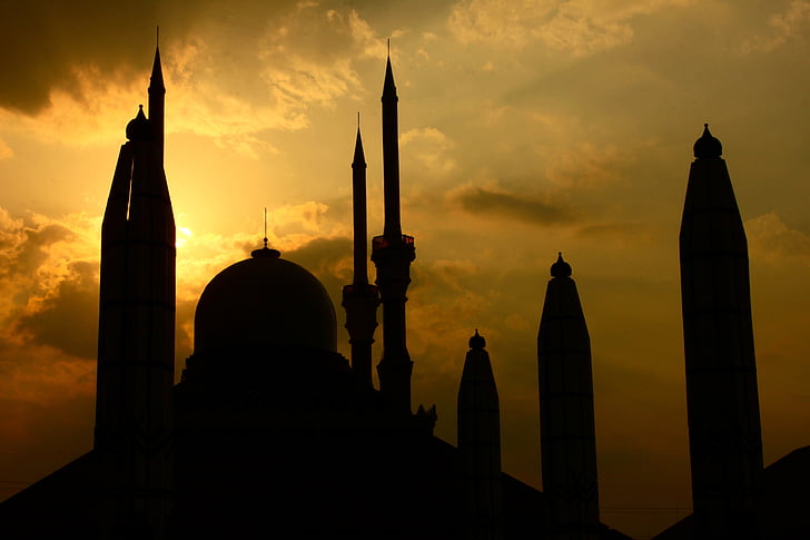 buildings, mosque, sunset, silhouette, indonesia, semarang, minaret