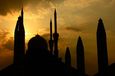 ēkas, mošeja, saulriets, siluets, Indonēzija, Semarang, minarets