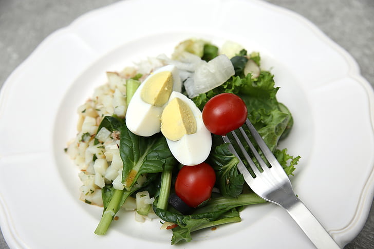 salad, eggs, tomato, food, plate, meal, vegetable