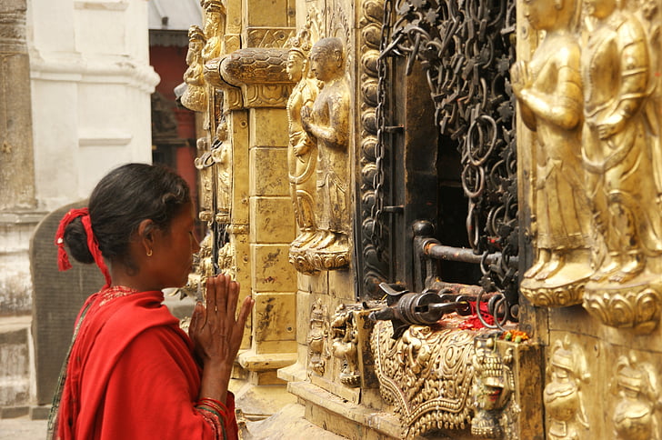 Nepál, Káthmándú, chrám, rituál, mladý, Děvče, Modli se