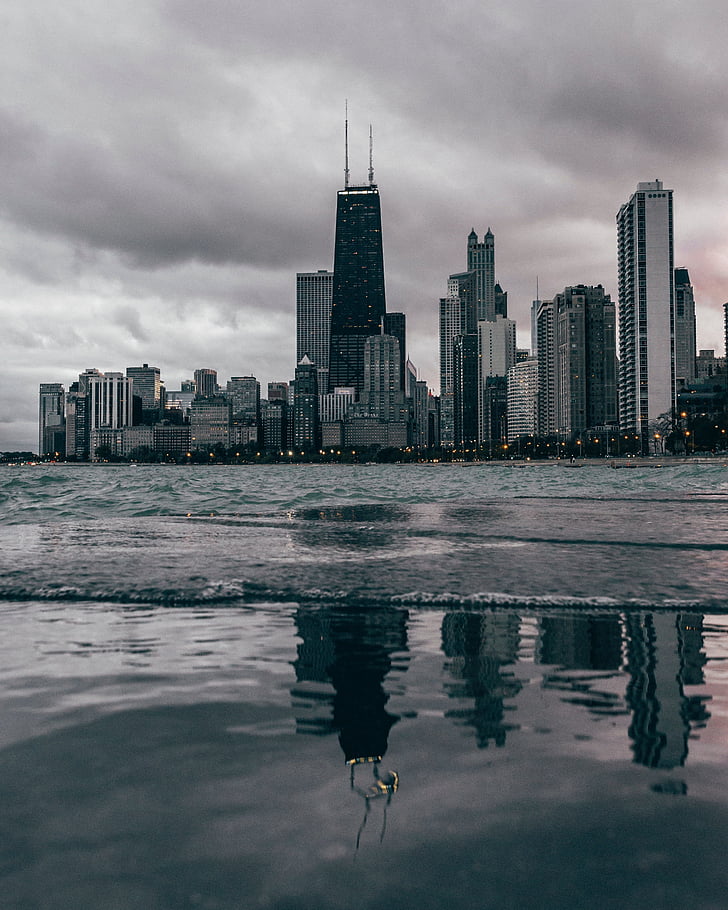 chicago, beach, water, skyline, cityscape, metropolis, windy city
