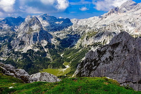 Slovēnija, kalni, ieleja, aiza, debesis, mākoņi, ainava