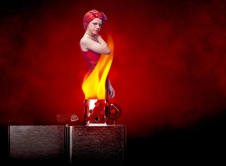 ogenj, plameni, rdeča obleka, ženska, rdečelaska, vžigalnik, predstavljajo