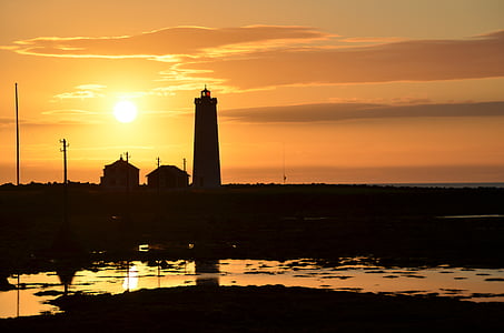 západ slnka, sillouette, reflexie, Lighthouse