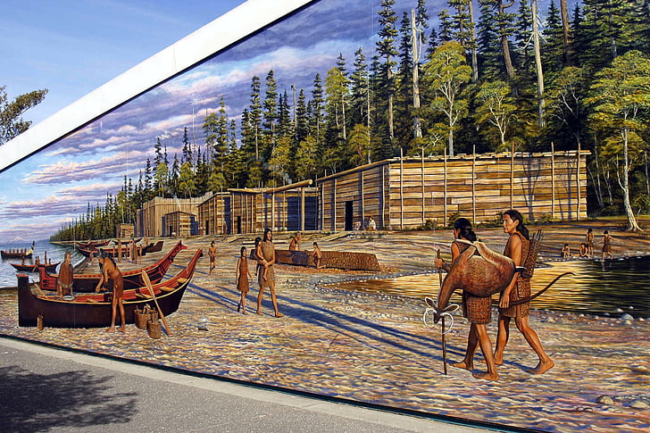 port angeles, État de Washington, é.-u., art autochtone, mur, oeuvre, historique