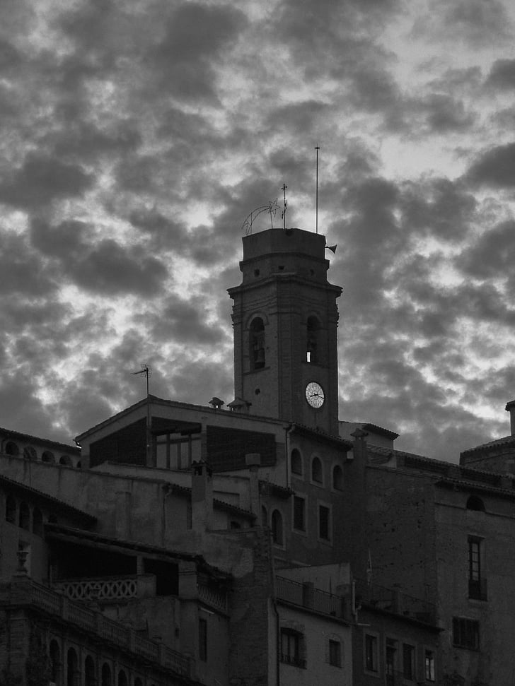západ slnka, zvonica, oblaky, veža, historické, pamiatka, mesto