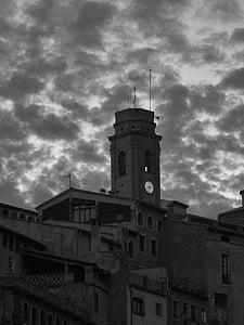 solnedgång, klocktornet, moln, tornet, historiska, monumentet, staden