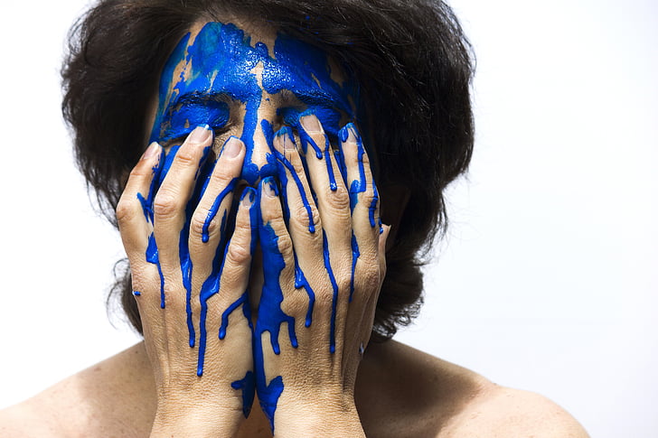 color, cara, blau, pintura, dona, fons blanc, una persona