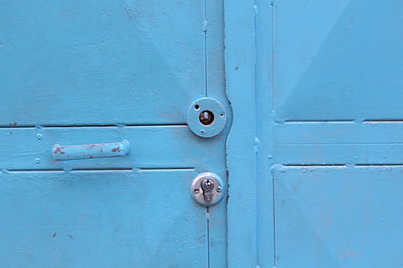 deur, metaal, macro, blauw, vergrendelen, gesloten