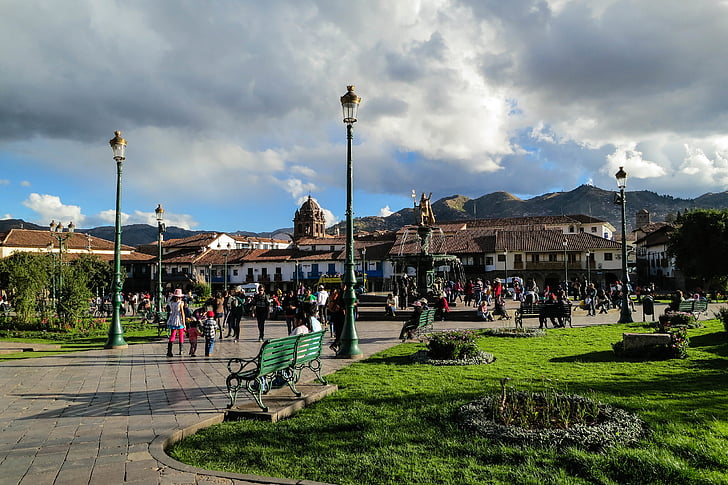 mọi người, công viên, màu xám, có mây, bầu trời, Plaza de Armes, Cusco