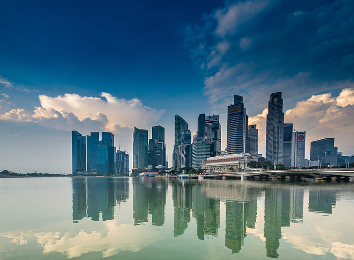 Singapore, havet, kustnära, skyskrapa, vatten, kusten, himmelsblå