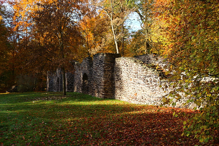 ruïne, stenen muur, herfst, herfst kleuren, feilenmoos, samendoen van steen, Ludwigslust-parchim
