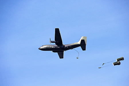paracadutista, paracadute, paracadutismo, cielo, galleggiante, blu, militare