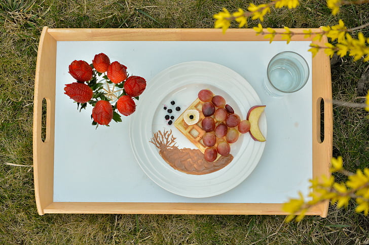 breakfast, creative, fish, fruit, rose, strawberries, laburnum