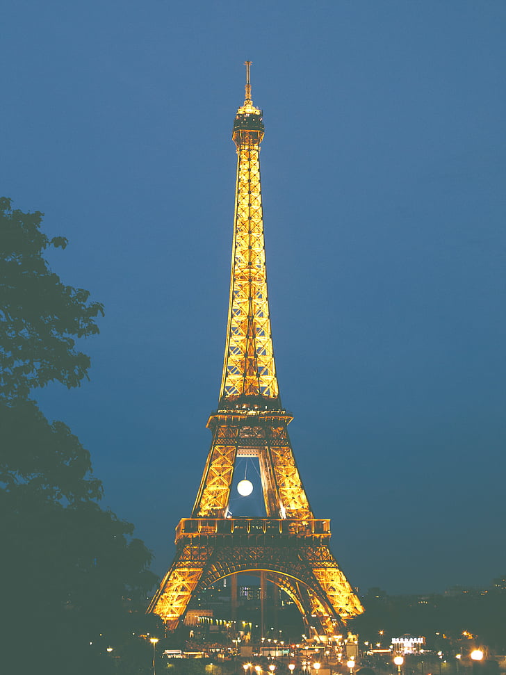 Eiffel, tornet, natt, tid, lampor, staden, mörka