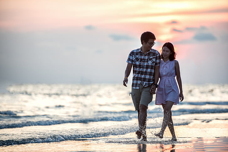 romance, pair, sunset, together, beach, holding, outdoor