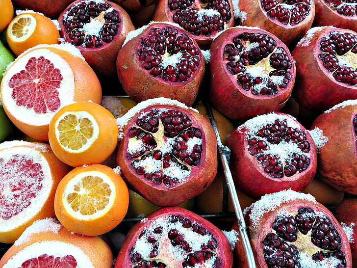Obst, Schnee, Istanbul, Winter, Granatapfel, Grapefruit, Orangen