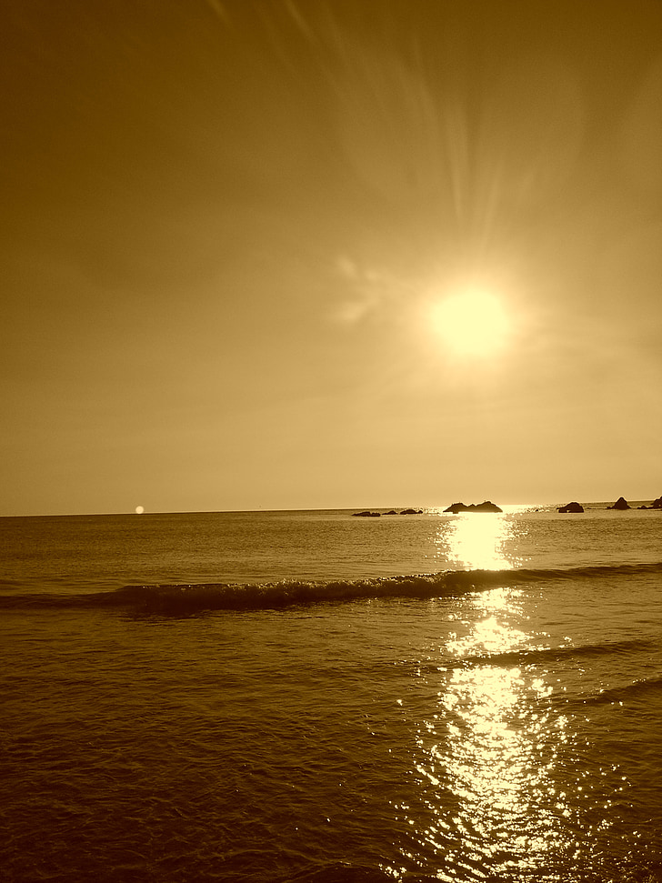 solnedgång, havet, stranden, Sepia sunset