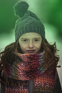 dieťa, portrét, zimné, hnedá, pehy, len jedno dievča, pri pohľade na fotoaparát