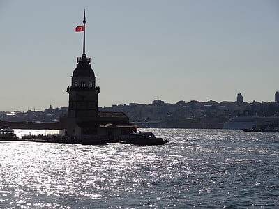 Wieża Leandra, Stambuł, Turcja, słoneczny dzień, Miasto, Wybrzeże, Port