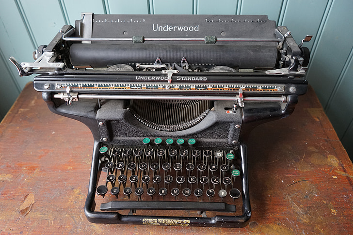 írógép, régi, retro, fém, mechanikusan, billentyűzet, betűk