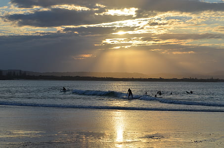 Byron bay, strand, Nieuw Zuid-wales, surfen, zonsondergang