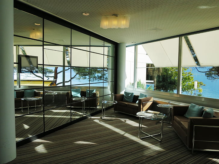hotel hall, mirror, sunlight, window, indoors, modern, architecture