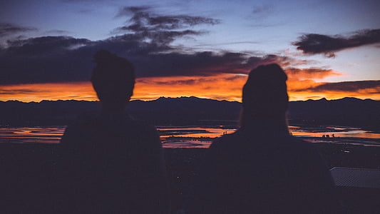 silhouette, couple, cloud, mountain, sunset, orange, clouds