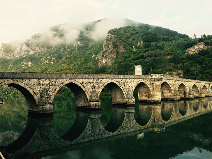 Bridge, reflektion, floden, bro - mannen gjort struktur, arkitektur, historia, Mountain