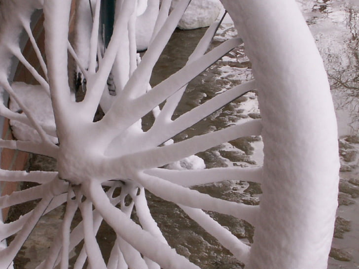 ποδήλατο, ελαστικών, ακτίνες, χιόνι, που καλύπτονται, Χειμώνας, φύση