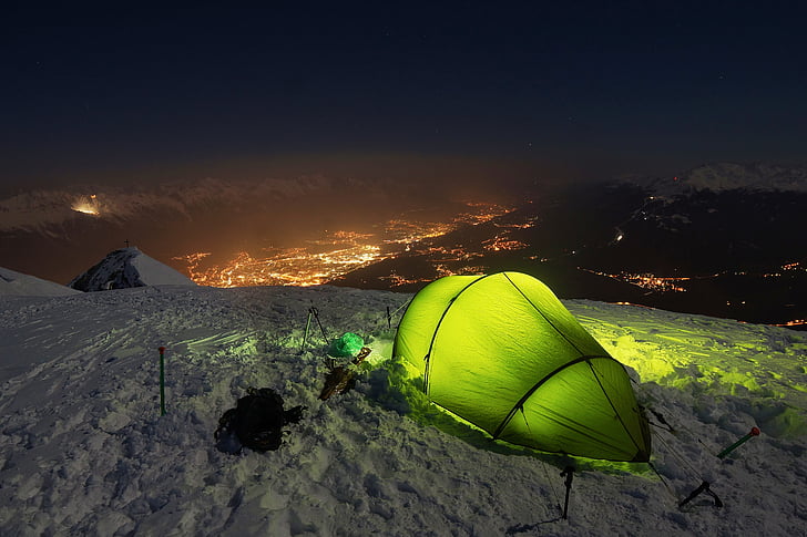 people, green, camping, tent, snow, covered, ground