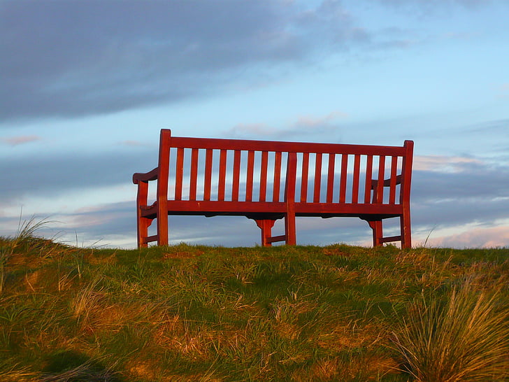 bench, red, sky, blue, nature, scenic, park
