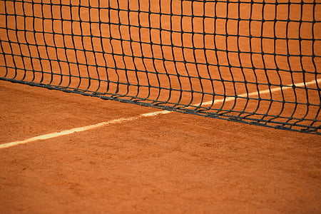 Tennis de, xarxa, esport, cinta, terra vermella, color taronja, sorra