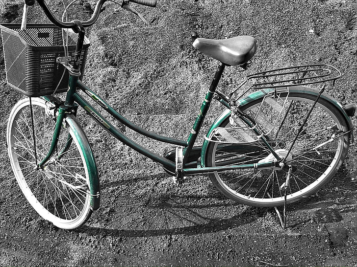 fiets, fiets, voertuigen, groen, twee wielers, geparkeerd, parkeren