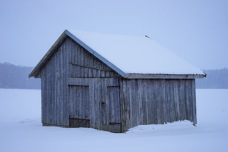 Hut, snö, timmerstuga, skala, vintrig, kalla, Frost