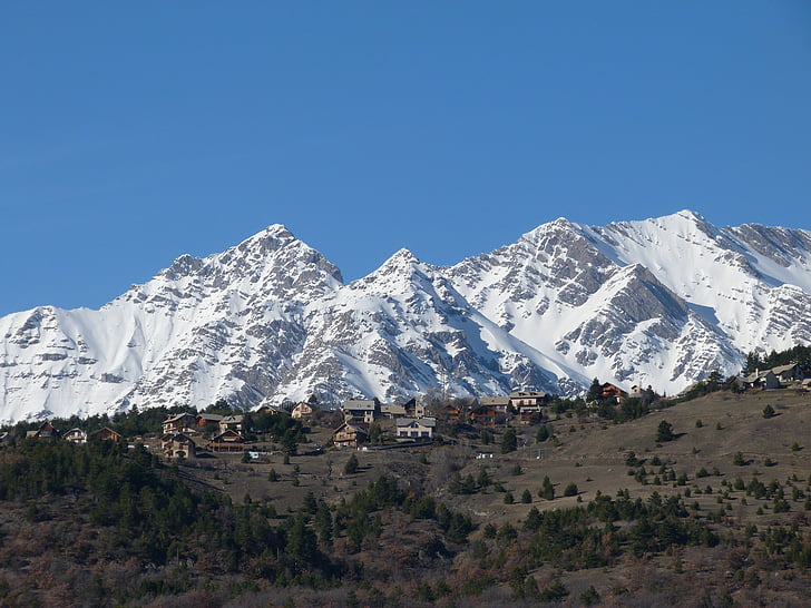 krajina, Zimní, horská vesnice, Hautes alpes, Panorama