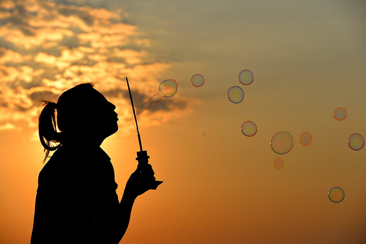 bubbles, sunset, silhouette, sun, blowing bubbles, blowing, woman