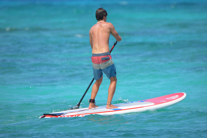 man, people, paddle, sea, swim shorts, surfboard