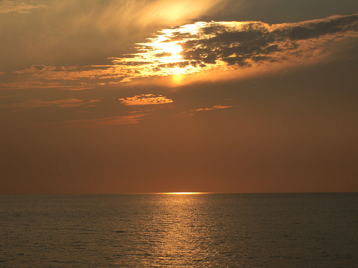 solnedgång, moln, solen, havet, vatten, ljus, Ocean