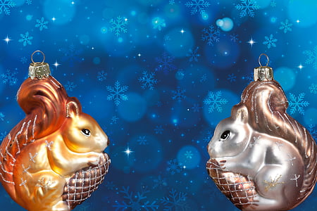 Karácsony, mókus, karácsonyi díszek, hó, hópelyhek, szikra, kék