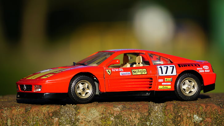 shallow, focus, photography, red, race, car, diecast