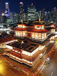 architecture, temple du Bouddha de dent relique, bâtiments, Chinatown, ville, lumières de la ville, paysage urbain