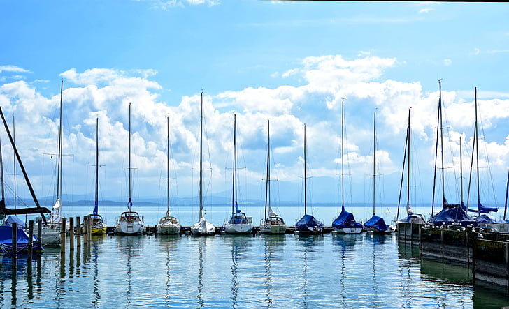 Barcos à vela, Porto, Barcos, mastros de barco, mastros, Lago, Chiemsee