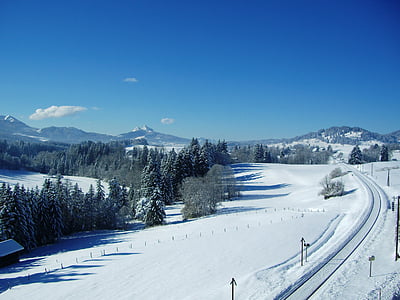 allgäu, winter, mountain panorama, new zealand, railway, railway line, railroad track