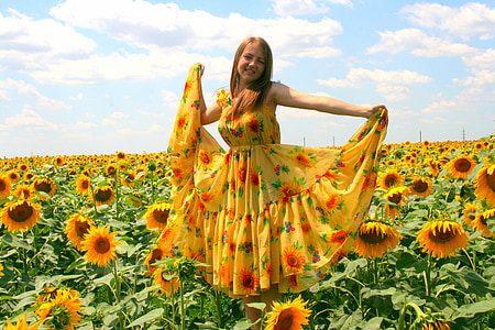 sunflower, girl, dress, yellow